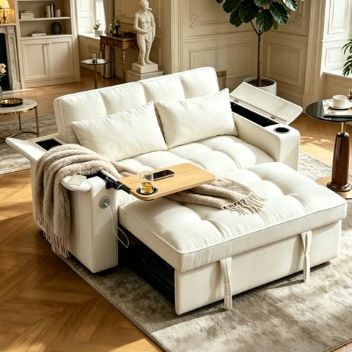 luckdect Canapé d'angle Convertible,3-en-1 Canapé 2 Places avec Méridienne et Coussins,Porte-Gobelets,Dossier Réglable,Port USB et Type-C,Table Cachée,pour Salon,Chambres à Coucher,Petit Appartement