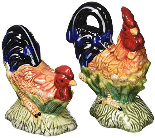 CG SS-CG-56535, 5 Inch Ceramic Rooster Salt and Pepper Shakers with Blue Tail Feathers, 5