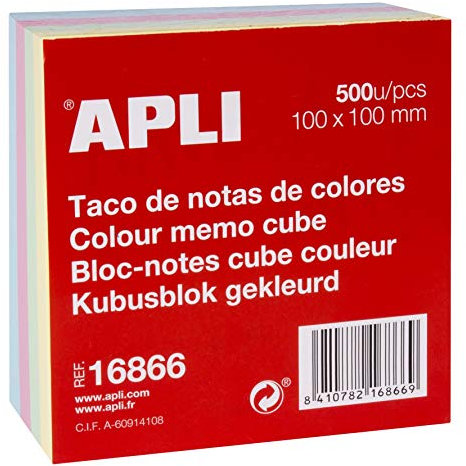 Taco papel apli encolado 100x100x60 mm colores pastel 500 hojas 70 gr/m2