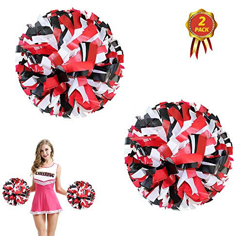 AUHOTA 2 Stück Kunststoff Cheerleading Pom Poms mit Taktstock Griff, Cheerleader Pompons Handblumen (Schwarz/Rot/Weiß)