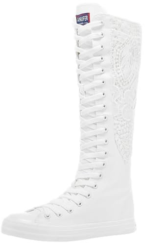 Jamron Ragazze Donna Moda Ginocchio Alta Allacciare Tela Stivali Puro Bianco Zip Stivali di Danza Pizzo SN815 EU38.5