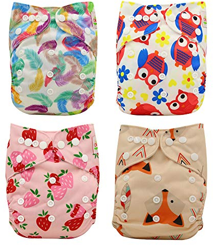 Waschbar Windel Babywindeln Stoffwindeln Schließungt wiederverwendbar, inkl. 4 Einlagen, 4 Stück (4PC04)