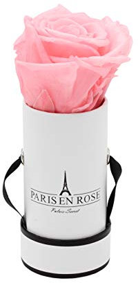 PARIS EN ROSE Rosenbox | mit einer rosa Infinity Rosen Größe XL | konservierte ewige Rose | runde Weiß-Schwarze Box |3 Jahre haltbar | Grußkarte