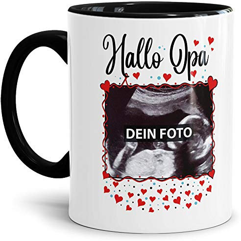 Tasse - Hallo Baby - mit EIGENEM Ultraschallbild zum SELBSTGESTALTEN für Opa - Schwanger - Geschenkidee Familie - Erinnerung - Innen & Henkel Schwarz