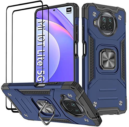 KANSi Hülle kompatibel für Xiaomi Mi 10T Lite 5G, Schutzfolie [2 Stück] Silikon TPU Hart PC Handy Hüllen 360 Grad Drehbar Ringhalter Bumper Stoßdämpfung Schutzhülle für Mi 10T Lite 5G - Blau