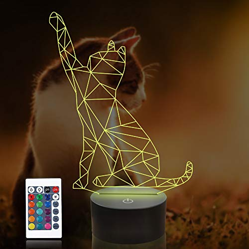 CooPark Katzen Geschenk, Katze 3D Lampe 16 Farben ändern mit Fernbedienung Illusion Nachtlicht, Schlafzimmer Schreibtisch Dekor Beleuchtung Kreatives Geburtstags Vorhanden für Kinder Jungen