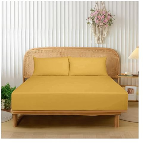 Funky Gadgets Double Fitted Sheets Extra Deep Pocket 16 Inch (40cm) 90 GSM Soft Brushed Microfiber Fitted Bed Sheets Easy Care Bottom Sheet Ochre yellow (137 X 190cm)
