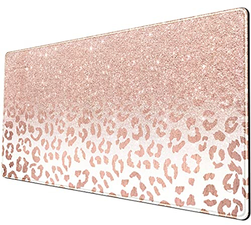 Schreibtischunterlage, XXL-Mauspad, rosa-goldfarben, Leopardenmuster, Bürobedarf und Zubehör, Dekoration, für Frauen, 80 x 40 cm, genähte Kanten, glatte, rutschfeste Gummiunterseite, großes Pad