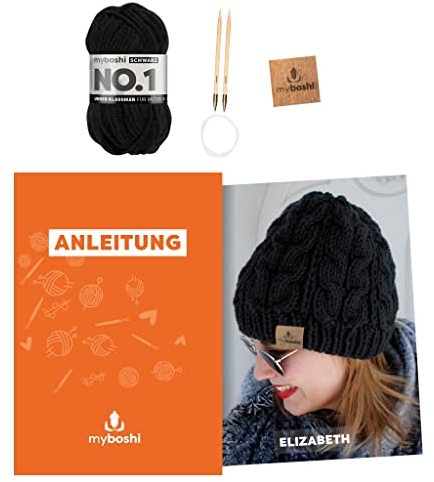 myboshi Strickset Mütze Elizabeth für Fortgeschrittene, inkl. No.1 Wolle, Nadeln, Anleitung, Label, Strickpaket, 70% Polyacryl, 30% Wolle (Merinowolle) Schwarz mit Rundstricknadel