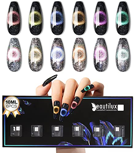 Beautilux Vernis Semi Permanent 9D Pailleté Reflechissante Magnetique, Verni à Ongles UV Reflective Glitter 6x10ml Kit Manucure Nail Art