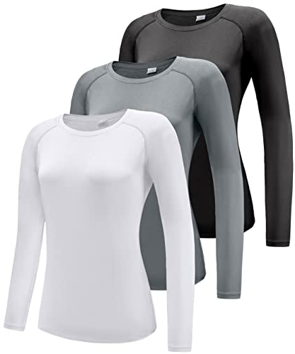 Damen 3er Pack Langarmshirt T-Shirts, UPF 50+ Sonnenschutz Schnelltrocknend Funktionsshirt Laufshirts, Atmungsaktiv Langarm Sportshirt Gym Yoga Top Workout Fitness Oberteil Black/White/Grey 3P01-L
