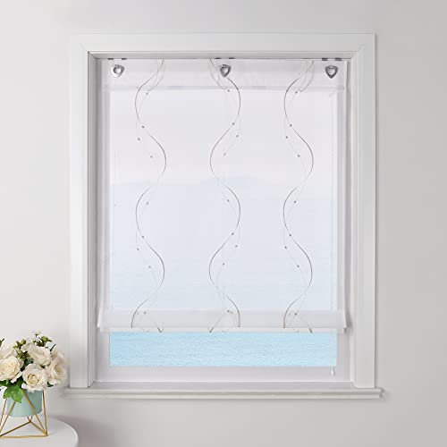 ESLIR Raffrollo ohne Bohren Weiß Raffgardine mit Ösen Transparent Gardinen mit U-Haken Ösenrollo Modern Bestickt Beige BxH 120x140cm 1 Stück