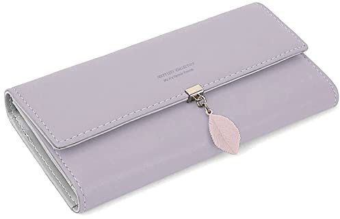 RRANCharltu Portefeuille Femme Longue Porte-Cartes Porte Monnaie Femmes à Glissière avec Feuille Pendentif en PU Cuir, 10 Emplacements Cartes pour Cadeau de Noël Saint-Valentin (Violet Clair)