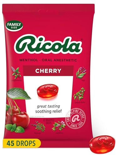 Ricola Cherry Throat Drops, 45 Count, Daily Drops For Delicious Throat Refreshment, Oral Anesthetic, Naturally Flavored