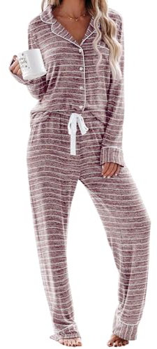 Aamikast Pyjama-Set für Damen, langärmeliges Oberteil mit Knöpfen, Nachtwäsche, Schlafanzug, weicher Hausanzug, Streifen pink, M