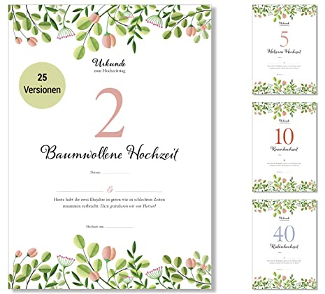 Frank Paperman® | Geschenk zum 2. Hochzeitstag | Ehejubiläum | Geschenke zur Baumwollhochzeit | Urkunde Hochzeitstag Geschenkidee | floral | Vordruck im DIN-A4-Format