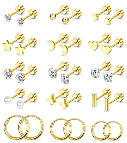 Morfetto Winzige Ohrstecker Set für Frauen Männer Edelstahl Ohrstecker Sets Creolen Gold Klein CZ Herz Mond Sterne Flatback Ohrringe Set Gold Knorpel Creolen Gold