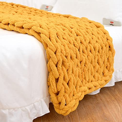 Chunky Knit Blanket Throw 48*71, Hand Knitted Warm Chenille Throw Blanket, Home Decor Soft Thick Yarn Cable Knit Blanket,Soft Breathable Fleece Banket Christmas for Couch Bed Sofa Best Gift (Yellow)
