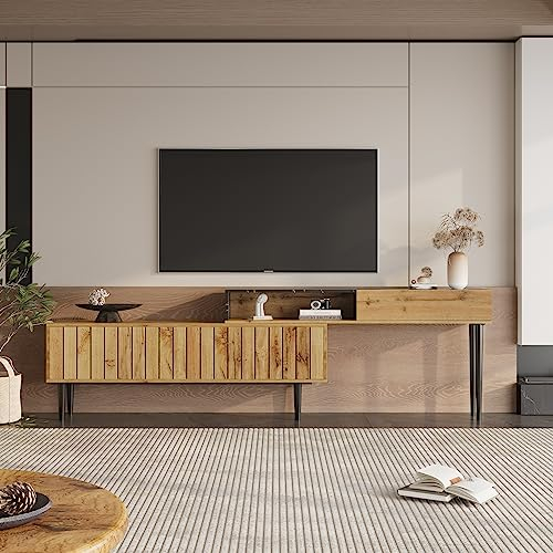 BTM Moderner TV-Schrank mit Marmor- und Holzmaserungsdesign, PVC-Kante, Eisenbeinen, dunkle Holzfarbe, Heimdekoration, platzsparend, langlebig und langlebig