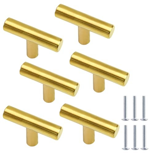 Cjueiom 6 Pack Gold Cupboard Knobs - 50mm Length T Bar Handles, Stainless Steel Drawer Knobs, Black Cupboard Pull Handles for Bedroom Drawer Closet
