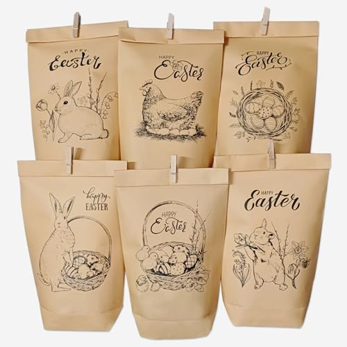 Geschenktüten zu Ostern, 12 Stück Ostertüten zum Befüllen, Osterhase Papiertüten Set Tüten Ostern mit 12 Klammern und 18 Aufkleber für Osternest Dekoration und Kindergeschenke