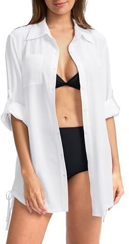 Women's UPF 50+ Long Sleeve UV Sun Protection Shirts Fishing Hiking Button Down Dress Shirt Swim Cover Up for Women(White, L)