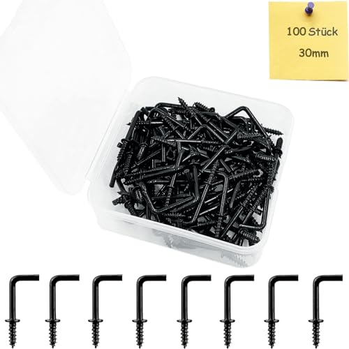qingmeng 100 Stück Schraubhaken, 30mm Hakenschrauben Schwarz, Haken zum Schrauben Einschraubhaken Aufhängen Wandhaken Drehhaken Rechtwinklige Haken L-Haken Schraubhake Selbstschneidende Schraubhaken
