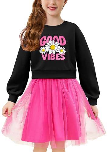 Arshiner Filles Robes Tulle Robe à Manches Longues Enfants Col Rond Élégante Robe de Fête Automne Hiver Robes pour Fille 4-5 Ans Fleur