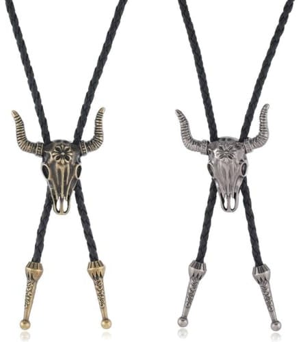 ZKGYUS 2 Stück Bolo-Krawatte Leder Halloween Krawatte Cowboy Kuh Schädel Western Cowboy Krawatte Halskette Lariat Halskette Schwarz Leder Rodeo Anhänger für Damen und Herren