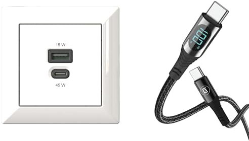EHMANN 2in1 Bundle Unterputz USB-Ladestation, USB-C 45 Watt + USB-A 15 Watt Charger, weiß & USB C/C Kabel, Laden (100W) + Datentransfer(480Mbps) + Leistungsmessung (Anzeige), 3m Länge, Power Delivery