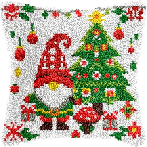 Santa Christmas Tree Latch Hook Kits for Adults Kids, Beginners DIY Latch Hook Pillow Kit Pre-Printed Hook and Latch Rug Kits Cross-stitch Embroidery Cushion Cover for Home Sofa Decoration 17x17 in.