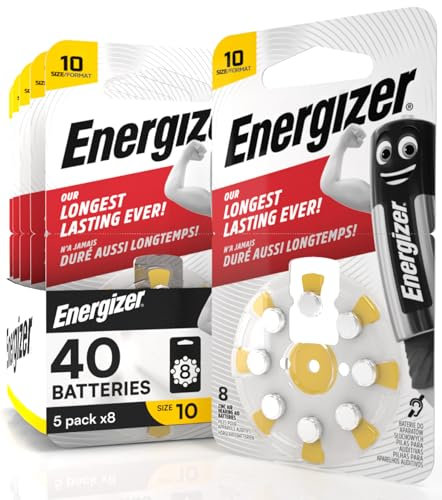 40 Batterie Acustiche Energizer per Apparecchi Acustici Auricolari Misura 10 Giallo con Tecnologia PowerSeal - 5 Blister da 8 Pile