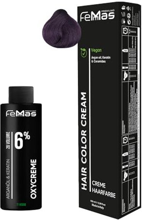 Femmas Set de tinte de pelo rubio medio violeta intenso 7.22 I Hair Color Cream 100 ml + crema de óxido 100 ml 6% I coloración permanente del cabello + desarrollador I Suave y duradero I Tinte de pelo