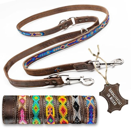 ALTEZAR Hundeleine Leder Breit Tribal Handgemacht in Mexiko für große Hunde Blau
