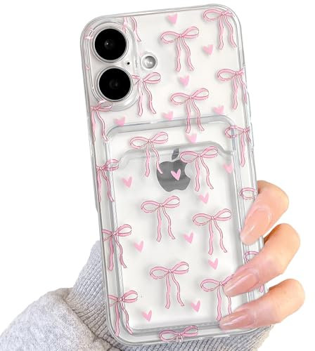 NITITOP Compatible with iPhone 16 Plus Case Clear with Card Holder Cute Bowknot Ribbon Heart Pattern for Women Girls Bow Soft TPU Shock-absorbing Wallet Case Protective Cover - Pink