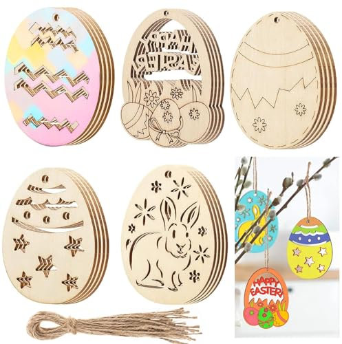 20 ciondoli in Legno con Uova di Pasqua, in Legno, Decorazione in Legno, per Pasqua, 5 Forme di Modelli di Ritaglio, con Corda di Iuta, per Fai da Te da Te da dipingere
