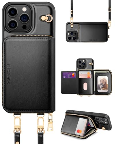 OCASE Hülle für iPhone 16 Pro Handyhülle RFID-Blockierung Lanyard Schwarz | PU-Leder Reißverschluss Handtasche Geldbörse Flip Cover, Kickstand Case mit Kartenschlitzen Halter Handgelenkband Lanyard