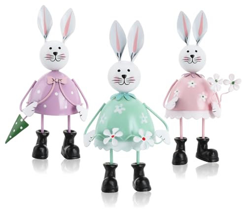com-four® 3X Dekohase aus robustem Metall - Osterhasen in bunten Farben zur Oster-Deko - Dekofiguren zum Hinstellen - Frühlingsdekoration (rosa + lila + mintgrün)