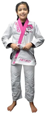 Nitro Fight Wear - Girls Kids Premium BJJ Gi - FREE WHITE BELT - Pink Lapel - Lightweight - Monkey - Brazilian Jiu Jitsu Girl's Uniform (M2)