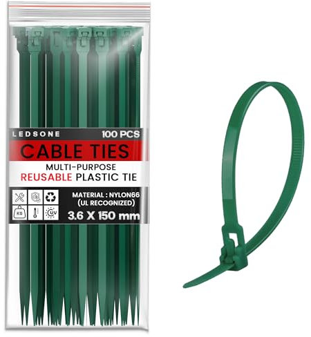 LEDSone 100 Pack of 150mm x 36mm Reusable Cable Ties, Heavy Duty with 40lbs Tensile Strength Green Releasable Adjustable Cable Ties, 6 Premium Tie Wraps, Strong Nylon Zip Ties (3.6mmx150mm)