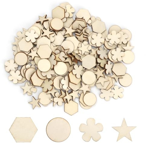 DAWRIS 400 Pièces Rondelles en Bois pour Le Bricolage 4 Formes Cercle, Fleur, Étoile, Hexagone Chaque 100 Pièces, Plaquettes en Bois Rond Rondelles Petit pour Le Bricolage, Décoration de Noël
