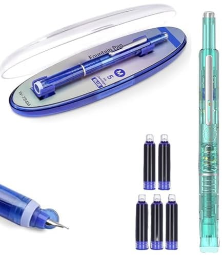 Fountain Pen Retractable: 0.38mm Blue&black Ink Transparent Barrel Includes 5 Refillable Ink Cartridges, Multicolor Pressable Medium Nib Fountain Pen, Smooth Writing No Leaking, Practical Gifts