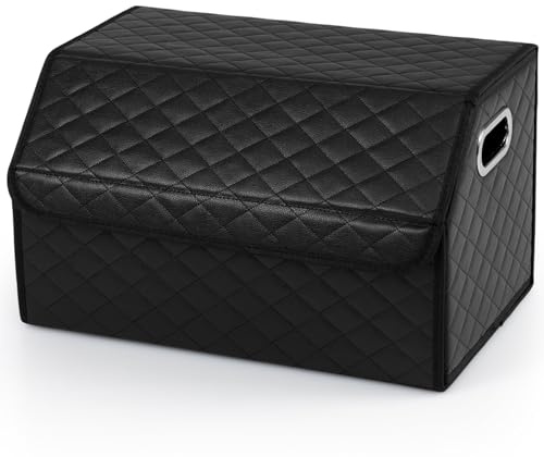 TANGZON 35/51L Car Boot Organiser, Collapsible Trunk Organizer with Lid, Removable Dividers & Sturdy Handle, Multipurpose Leather Storage Box for SUV, Truck, Sedan (35 L，Grid Surface)