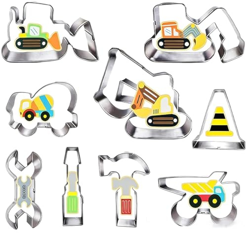 Construction Cookie Cutter, 9 PCS Stainless Steel Biscuit Cutters, DIY Construction Cookie Cutters Set, with Excavator Cement Mixer Hammer Spanner Fondant Dough Biscuit Mold, for DIY Baking, Party