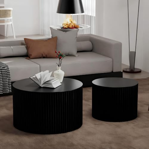 SOUWOFS Couchtisch Rund 2er Set, Satztisch Wohnzimmertisch, Schwarz | 70x70x40cm, 50x50x35cm, Modern Kaffeetische, Beistelltisch aus Holz, Für Wohnzimmer Balkon Büro