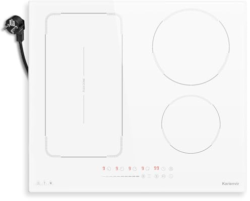 Placa Inducción Blanca 4 Fuegos con Zona Flexible y Enchufe, 3500W | Placa Induccion Empotrable 60cm, Boost, Vitroceramica Induccion, Pantalla Táctil, Bloqueo de Seguridad, Pausa, Temporizador