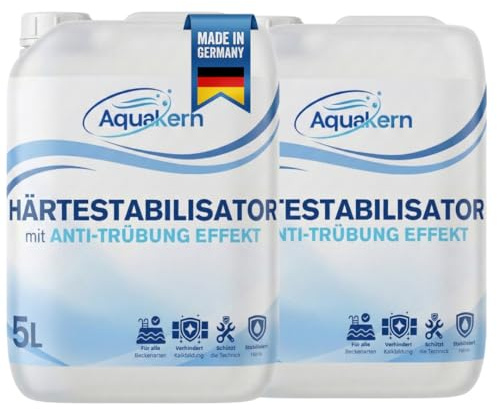 Aquakern Härtestabilisator Pool 2x5L [entfernt Kalkablagerungen] mit Anti-TRÜBUNG-Effekt | Schützt die Pooltechnik | bindet Calcium & Metallionen im Wasser | Kalkentferner Pool | Made in Germany