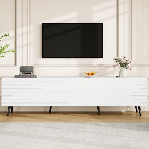 RAPRAP Meuble TV 180 Cm Avec 3 Portes Abattantes, Blanc, Motif Imprimé, Support TV En Bois Pour Téléviseurs Jusqu'à 80 Pouces, Grand Espace De Rangement