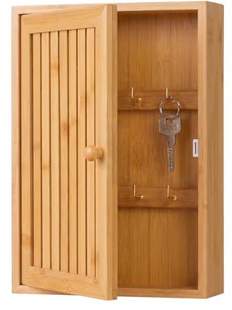 Relaxdays Schlüsselkasten, Bambus, 8 Haken, Design A, Natur | H x B x T: 27 x 19,5 x 6 cm, Flur, Wand, Schlüsselschrank