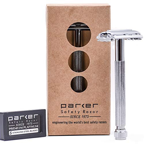 Parker Safety Razor 29L Unisex Lange Griff Schmetterling Öffnen Double Edge Safety Razor & 5 Premium Blades Chrom